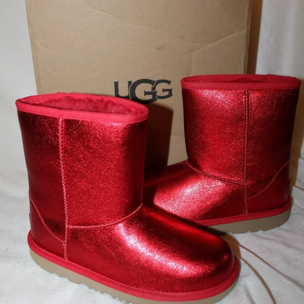 NIB UGG TODDLER GIRL'S RED METALLIC GLITTER SHEARLING LINED CLASSIC SHORTS BOOTS